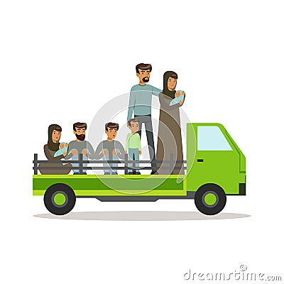 Stateless refugees on a truck trying to cross country border, illegal migration, war victims concept vector Illustration Vector Illustration