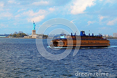 Staten Island Ferry and Statue of Liberty Editorial Stock Photo