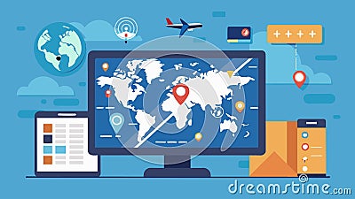 A stateoftheart navigation system is also present with a large screen displaying a digital map showing flight routes Vector Illustration