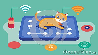 A stateoftheart play mat that uses sensors to map out your pets play patterns and suggests different games to keep them Vector Illustration