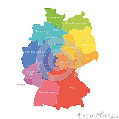 States of Germany. Map of regional country administrative divisions. Colorful vector illustration Vector Illustration