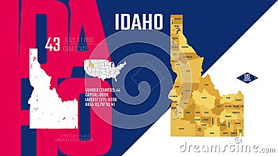 43 of 50 states of the United States, divided into counties with territory nicknames, Detailed vector Idaho Map with name and date Vector Illustration