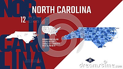 12 of 50 states of the United States, divided into counties with territory nicknames, Detailed vector North Carolina Map with name Vector Illustration