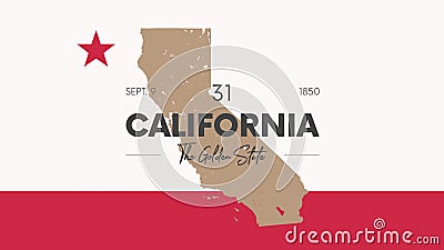 31 of 50 states of the United States with a name, nickname, and date admitted to the Union, Detailed Vector California Map for Vector Illustration