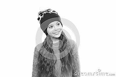 Static and frizz. Adorable child long hair soft fur hat. Child care concept. Anti static hair product. Girl long hair Stock Photo