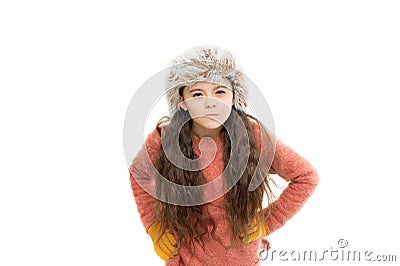 Static and frizz. Adorable child long hair soft fur hat. Child care concept. Girl long hair wear fur hat white Stock Photo