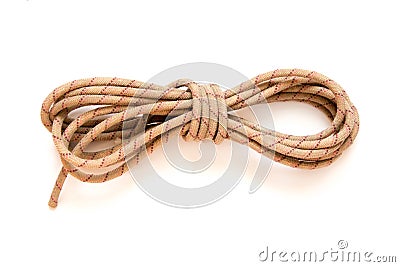 static rope for mountaineering, isolated on white. Top view. Climbing equipment Stock Photo