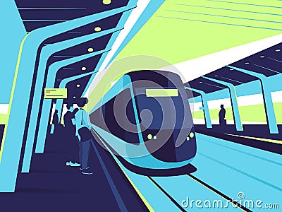 On a station platform. Vector illustration on the subject of train, tram, subway ride Vector Illustration