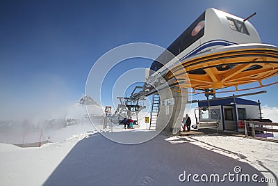 Station of ropeway, Ski Lift on Snow Mountains Editorial Stock Photo