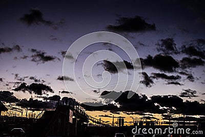 Station at sunset. The bridge over the railway. Beautiful landscape at sunset. Stock Photo