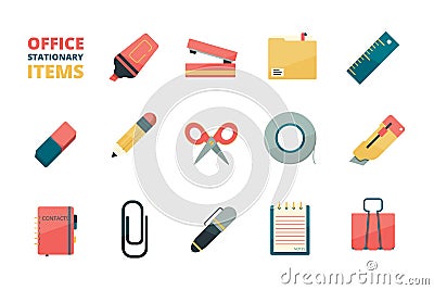 Stationary items. Business office tools paper folder pencil eraser pen paper clip stapler marker vector flat icons Vector Illustration