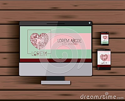 Stationary templates with tech devices heart corporate logo screen on wooden background Vector Illustration