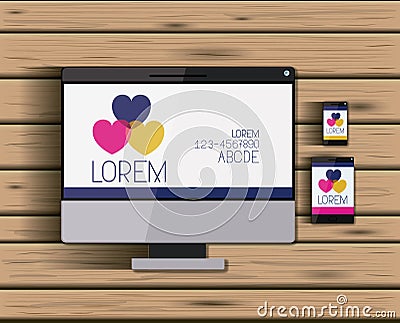 Stationary templates with tech devices hearts corporate image in screen on wooden background Vector Illustration