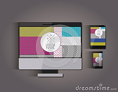 Stationary templates with tech devices texture corporate image in screen on gray background Vector Illustration