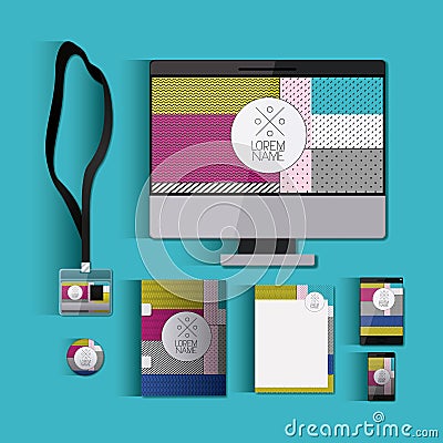 Stationary templates with texture colours business stationery on aquamarine background Vector Illustration