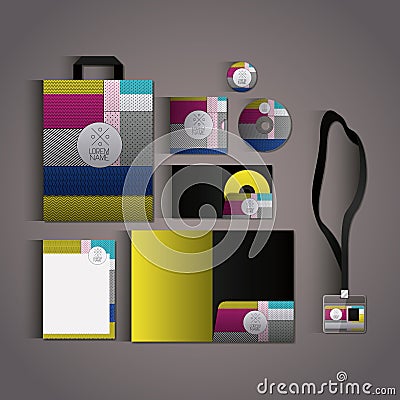 Stationary templates with texture colours business stationery on gray background Vector Illustration