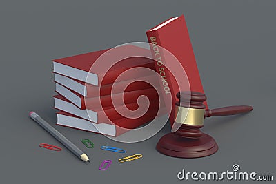 Stationery accessories near books with inscription back to school near judge gavel. Education system rules Stock Photo
