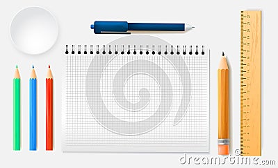 Stationery assortment set of rulers pencils, notebook in realistic style. Vector illustration design Cartoon Illustration