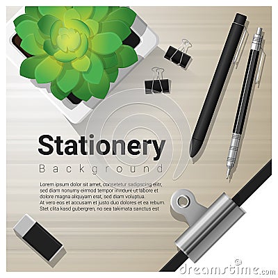 Stationery background with office equipment on wooden table Vector Illustration