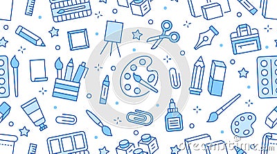 Stationery background, school tools seamless pattern. Art education wallpaper with line icons of pencil, pen, paintbrush Vector Illustration