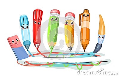 Stationery. Cartoon characters with faces. Markers and pencils create art. Eraser cleans it up. Cheerful characters with Vector Illustration