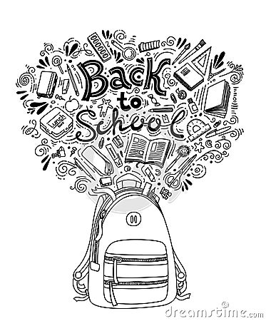 Stationery collection. Outline style. Back to school thin line vector doodle illustration template on white Vector Illustration