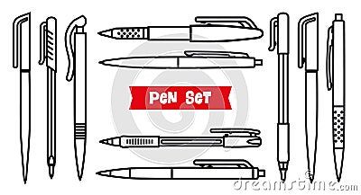 Stationery collection. Writing tools. Pens set. Outline style. Ballpoint thin line vector icons. Biro, Fountain pen, gel Vector Illustration