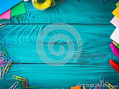 Stationery colorful school workplace frame Stock Photo