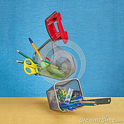 School supplies floating on air in conditions of weightlessness. Stock Photo