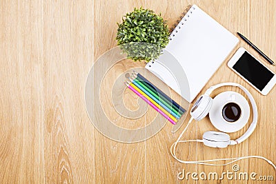 Stationery, headphones and phone Stock Photo