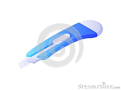 Stationery knife isometric vector. Blue tool for cutting paper and cardboard with white sharp blade. Vector Illustration