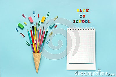 Stationery Pencils paintbrush paperclip in waffle ice cream cone Stock Photo