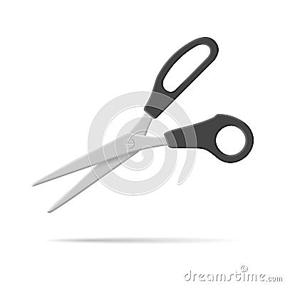 Stationery scissors realistic 3d vector illustration. Office cutters with rings black handles steel blade. Vector Illustration