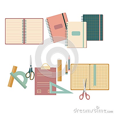 Stationery set in flat style.Back to school concept with different size diary,open and closed notebook,exercise book,scratchpad. Vector Illustration