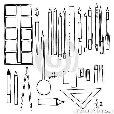 Stationery set. Pens, pencils, paints, compasses. Vector sketch illustration Vector Illustration