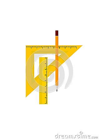Stationery set: ruler, triangular ruler and pencil Vector Illustration