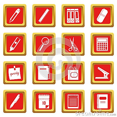 Stationery symbols icons set red Vector Illustration