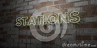STATIONS - Glowing Neon Sign on stonework wall - 3D rendered royalty free stock illustration Cartoon Illustration