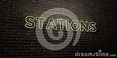 STATIONS -Realistic Neon Sign on Brick Wall background - 3D rendered royalty free stock image Stock Photo