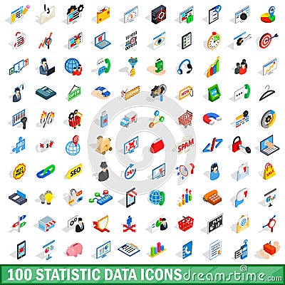 100 statistic data icons set, isometric 3d style Vector Illustration