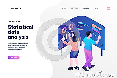 Statistical data analysis isometric landing page template cartoon characters analysts managing chart Vector Illustration