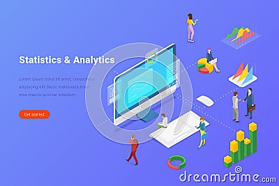 Statistics Analyse Data Information on Computer Desktop isometric flat design vector illustration Vector Illustration