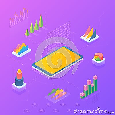 Statistics Analyse Data Information on Mobile phone Smartphone Tablet PC isometric flat design vector illustration Vector Illustration