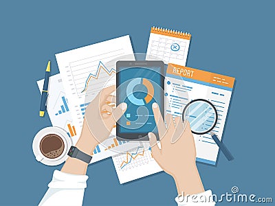 Statistics, analytics, report on the phone screen. Mobile services and applications for business and finance. Online audit. Vector Illustration