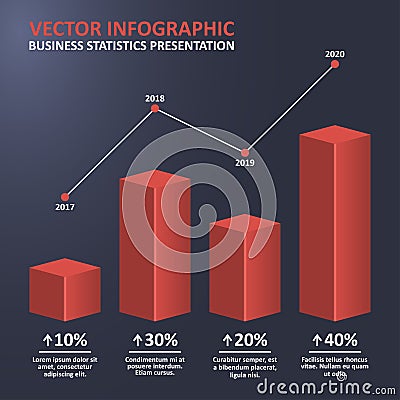 Statistics business diagram with 3d bar chart and point graph. Statistical infographic with steps and progress in percent. Vector. Vector Illustration