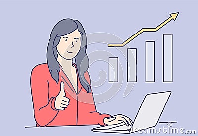 Statistics, business, success, goal achievement, celebration concept. Young business woman clerk manager broker cartoon character Vector Illustration