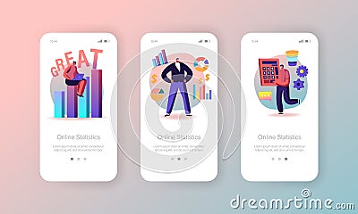 Statistics Data Mobile App Page Onboard Screen Template. Business Solutions with Development Graphs, Project Development Vector Illustration