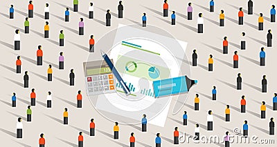 Statistics data of population. Paper with chart pen and calculator symbol of data research analysis Vector Illustration