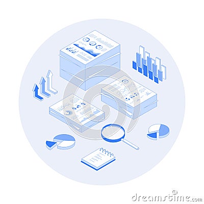 Statistics, document analysis, data collection. Research and information processing. Stacks of documents with graphs, charts Vector Illustration