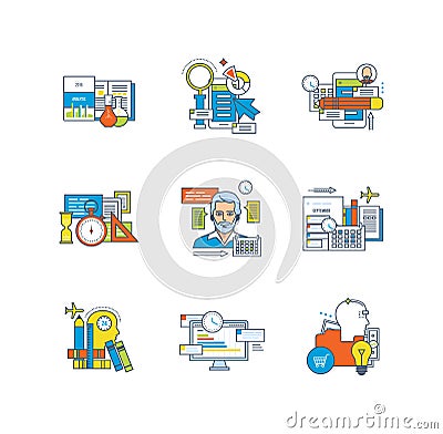 Statistics, education, research, planning, time management, communications, creative, business processes Vector Illustration